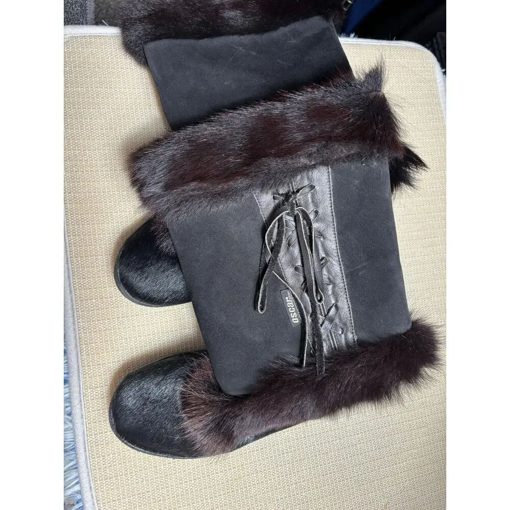 Oscar Sport Alessia Boots Womens 9.5 Black Fur Mid Calf Snow Wedge Winter Italy